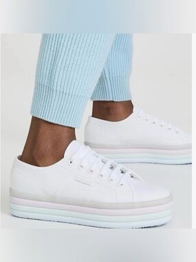 Like New! Superga White Platform Lace-Up Sneakers Pastel Stripe Sole | Size 9.5